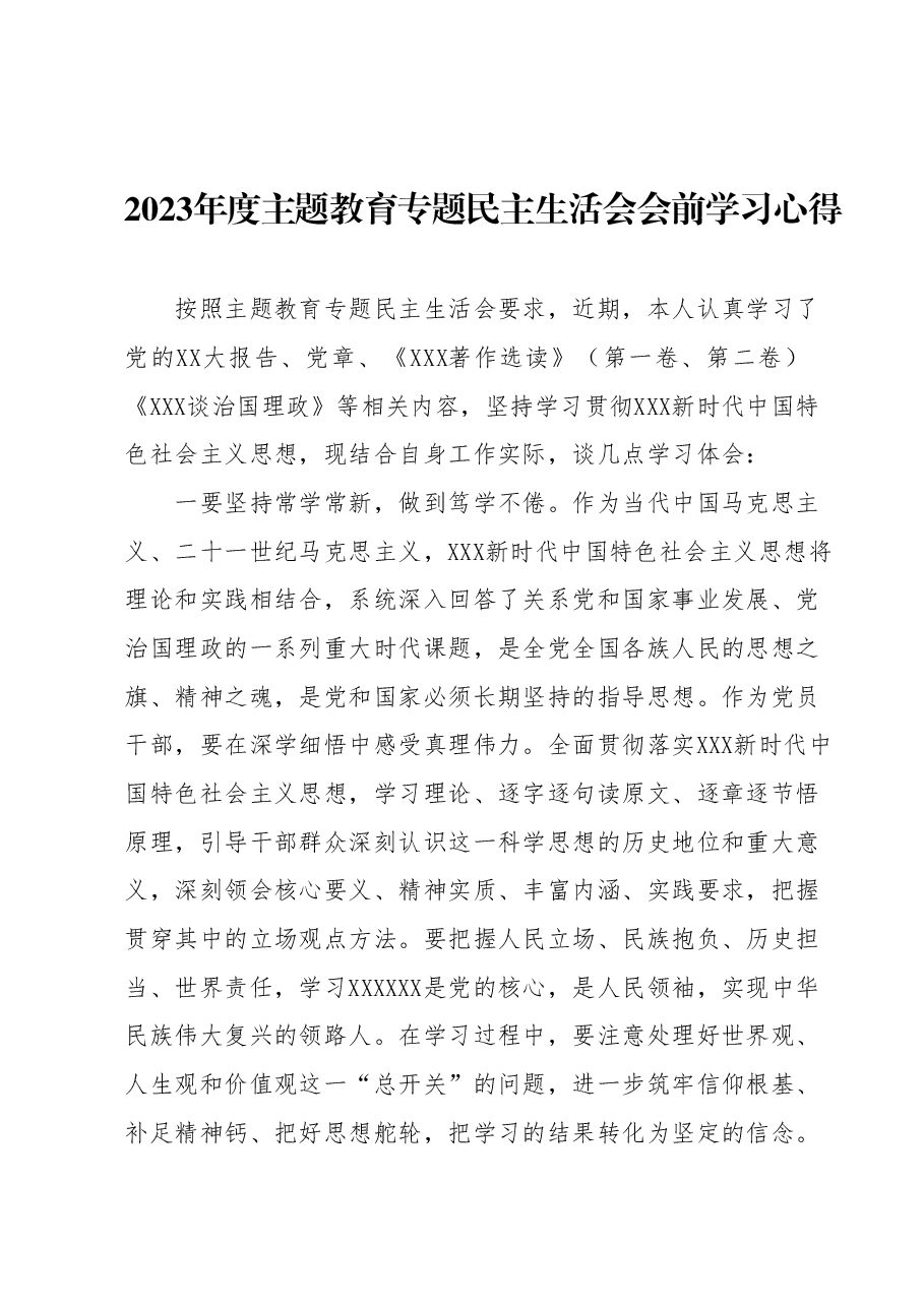 2023年度主题教育专题民主生活会会前学习心得 (2).docx,第1页预览