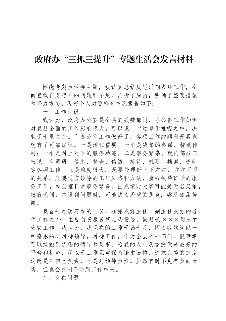 政府办“三抓三提升”专题生活会发言材料.docx,第1页预览