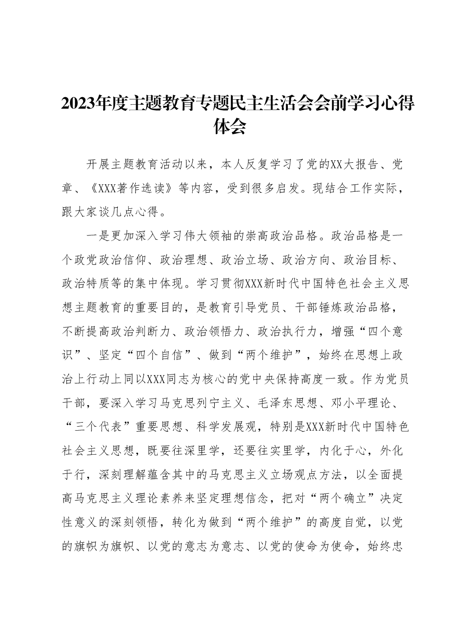 2023年度主题教育专题民主生活会会前学习心得体会1.docx,第1页预览
