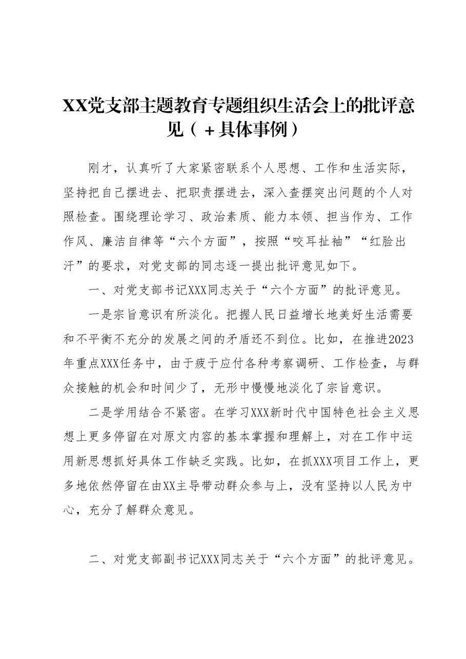 XX党支部主题教育专题组织生活会上的批评意见（+具体事例）.docx，第1页预览
