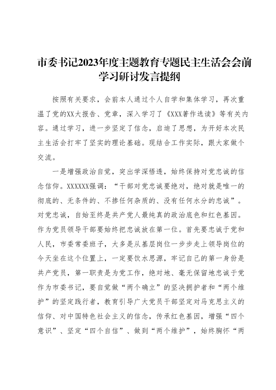 市委书记2023年度主题教育专题民主生活会会前学习研讨发言提纲.docx,第1页预览