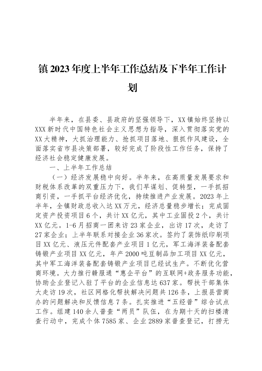 镇2023年度上半年工作总结及下半年工作计划.docx,第1页预览
