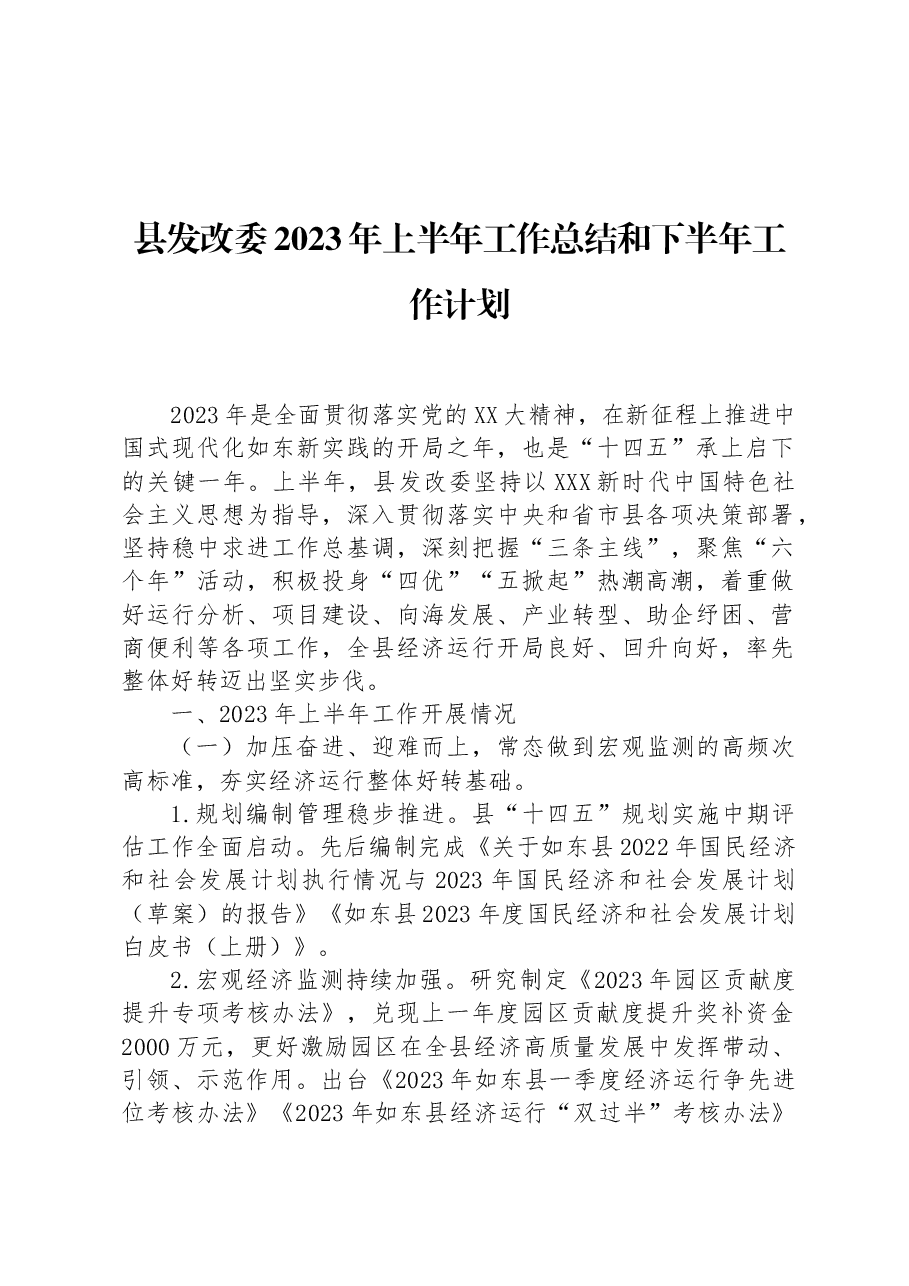 县发改委2023年上半年工作总结和下半年工作计划.docx,第1页预览