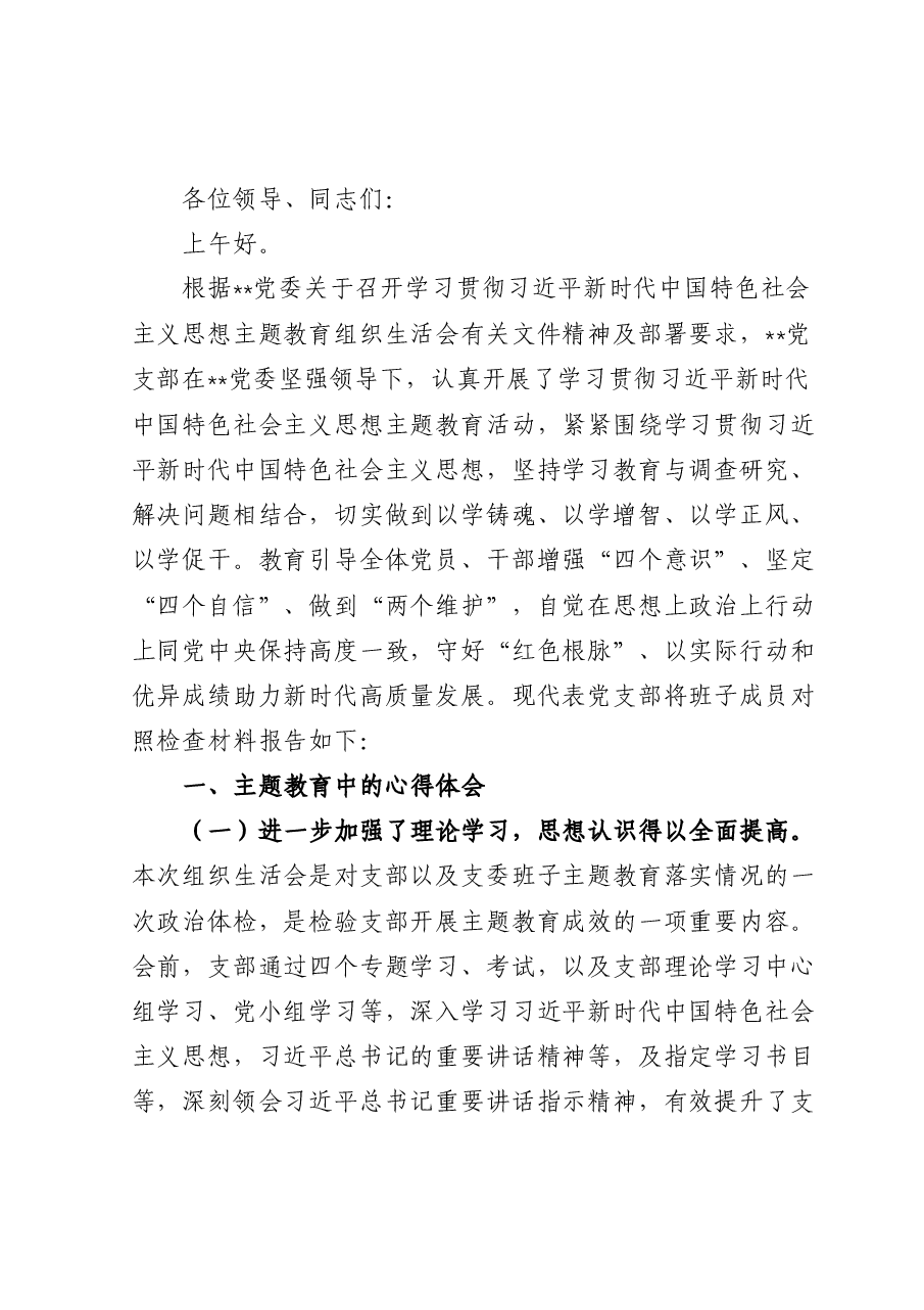公司支部主题教育组织生活会班子对照检查材料.docx,第1页预览