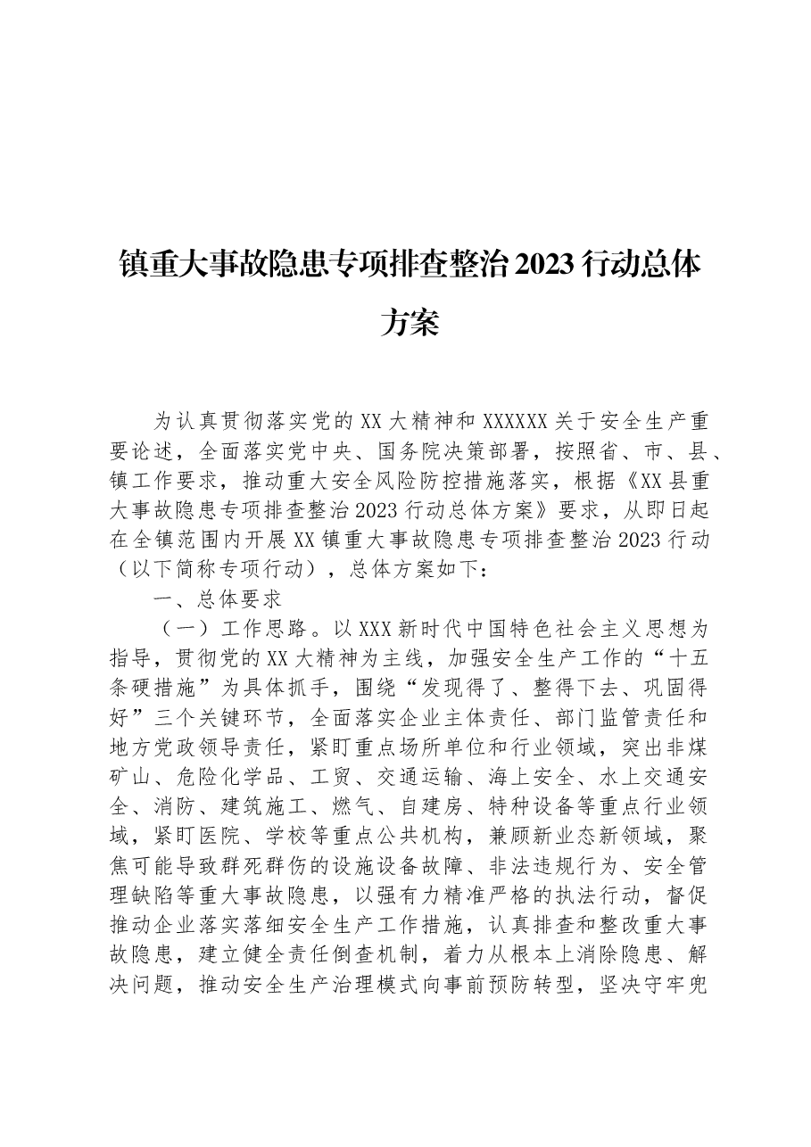 镇重大事故隐患专项排查整治2023行动总体方案.docx,第1页预览
