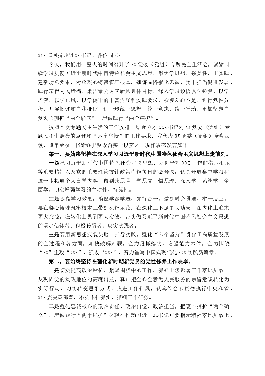在XX党委(党组)2023年主题教育专题民主生活会上的总结表态讲话.docx,第1页预览