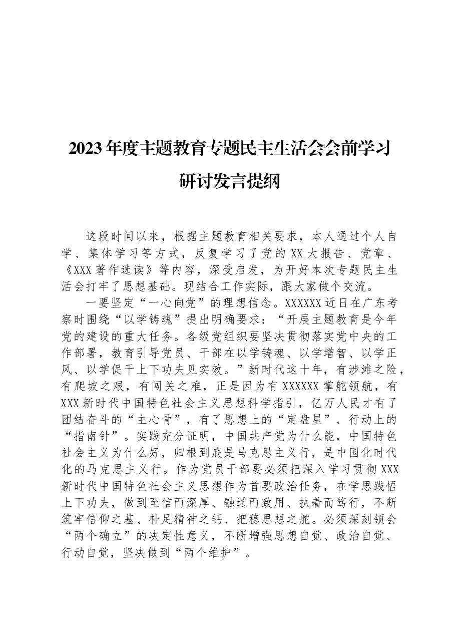 2023年度主题教育专题民主生活会会前学习研讨发言提纲1.docx，第1页预览