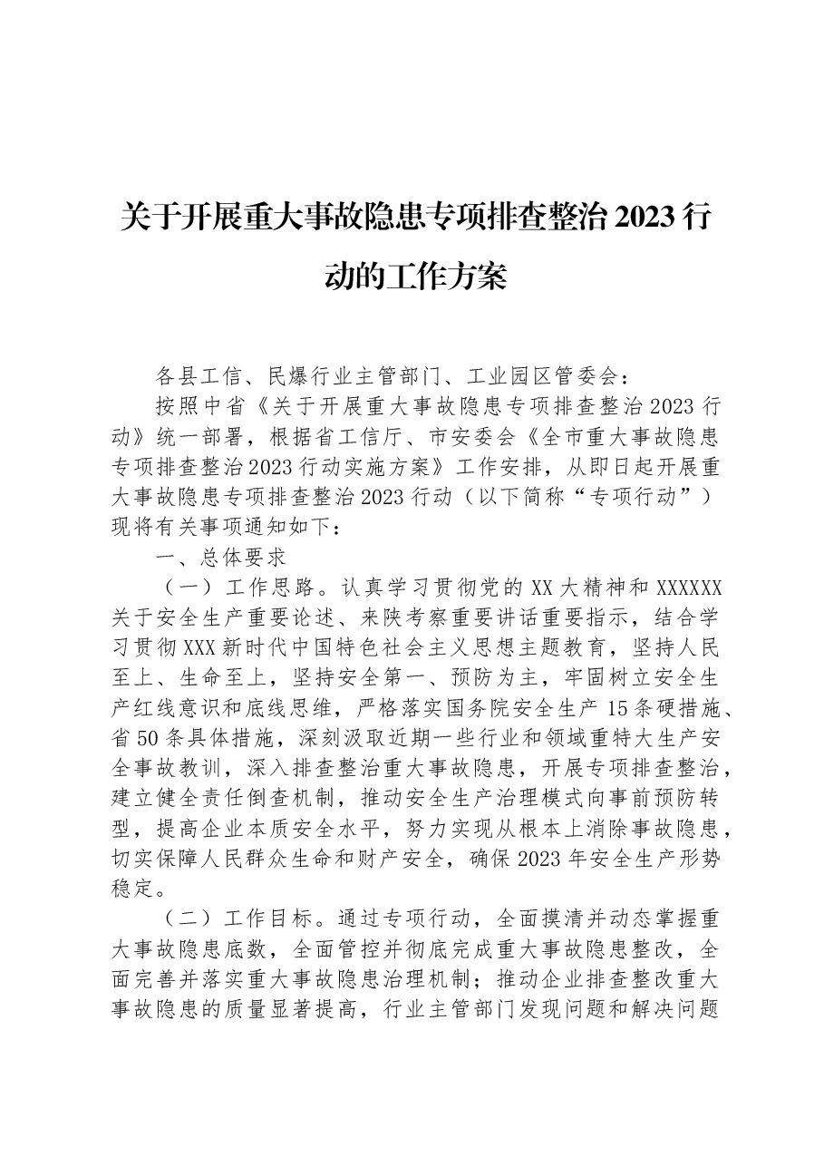 关于开展重大事故隐患专项排查整治2023行动的工作方案.docx,第1页预览