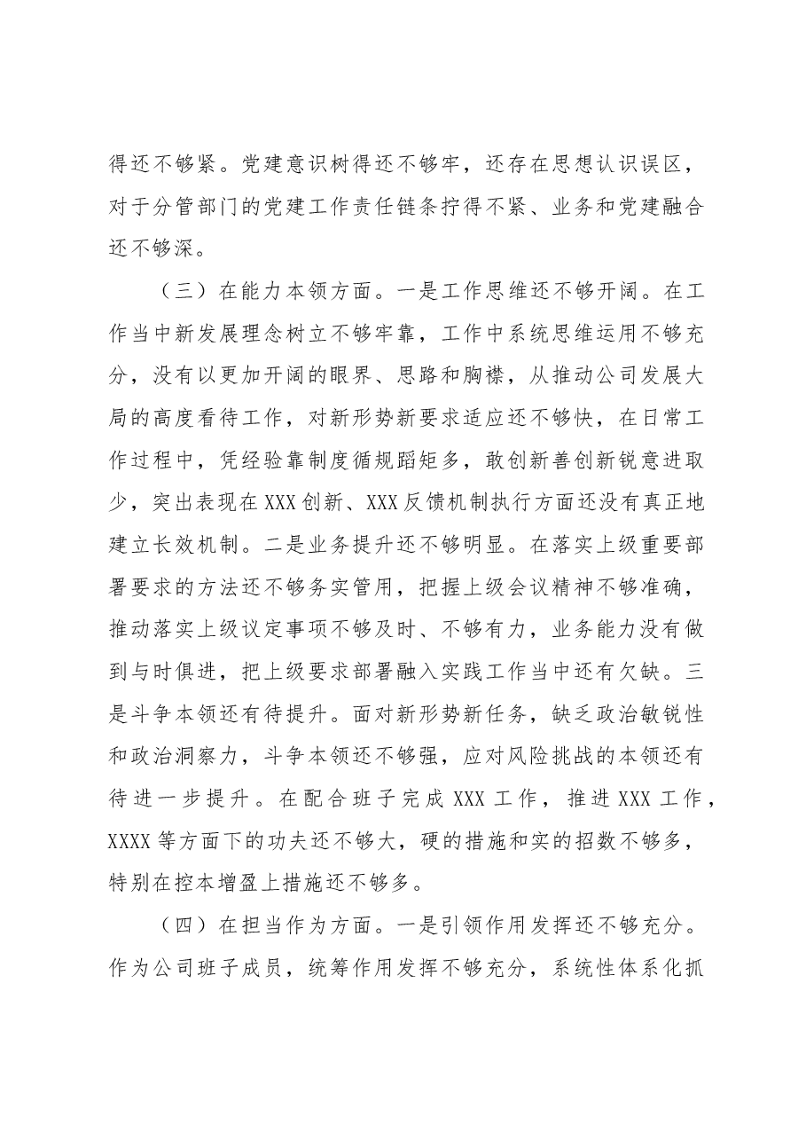 公司班子成员2023年主题教育专题民主生活会检视剖析材料.docx,第3页预览