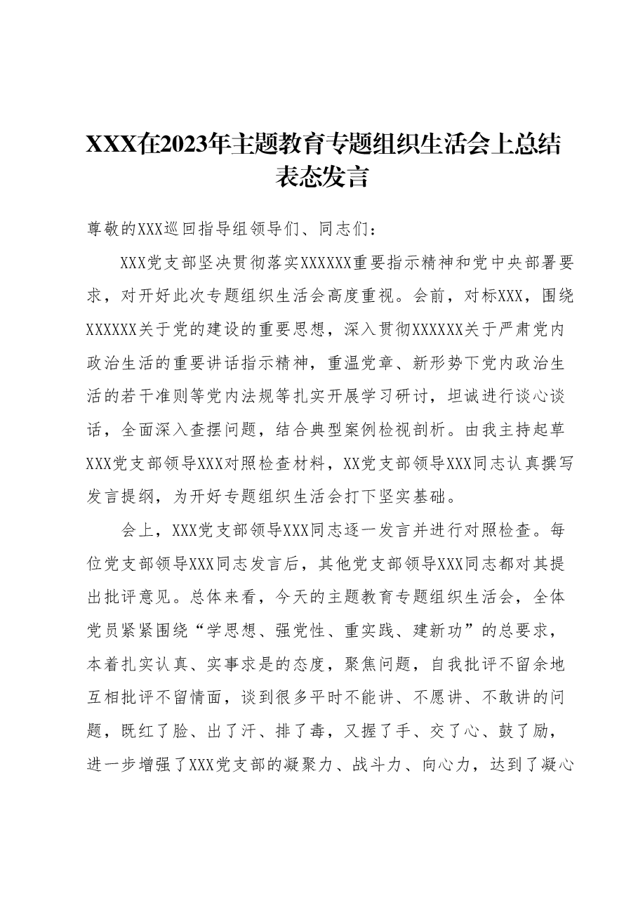 XXX在2023年主题教育专题组织生活会上总结表态发言.docx,第1页预览