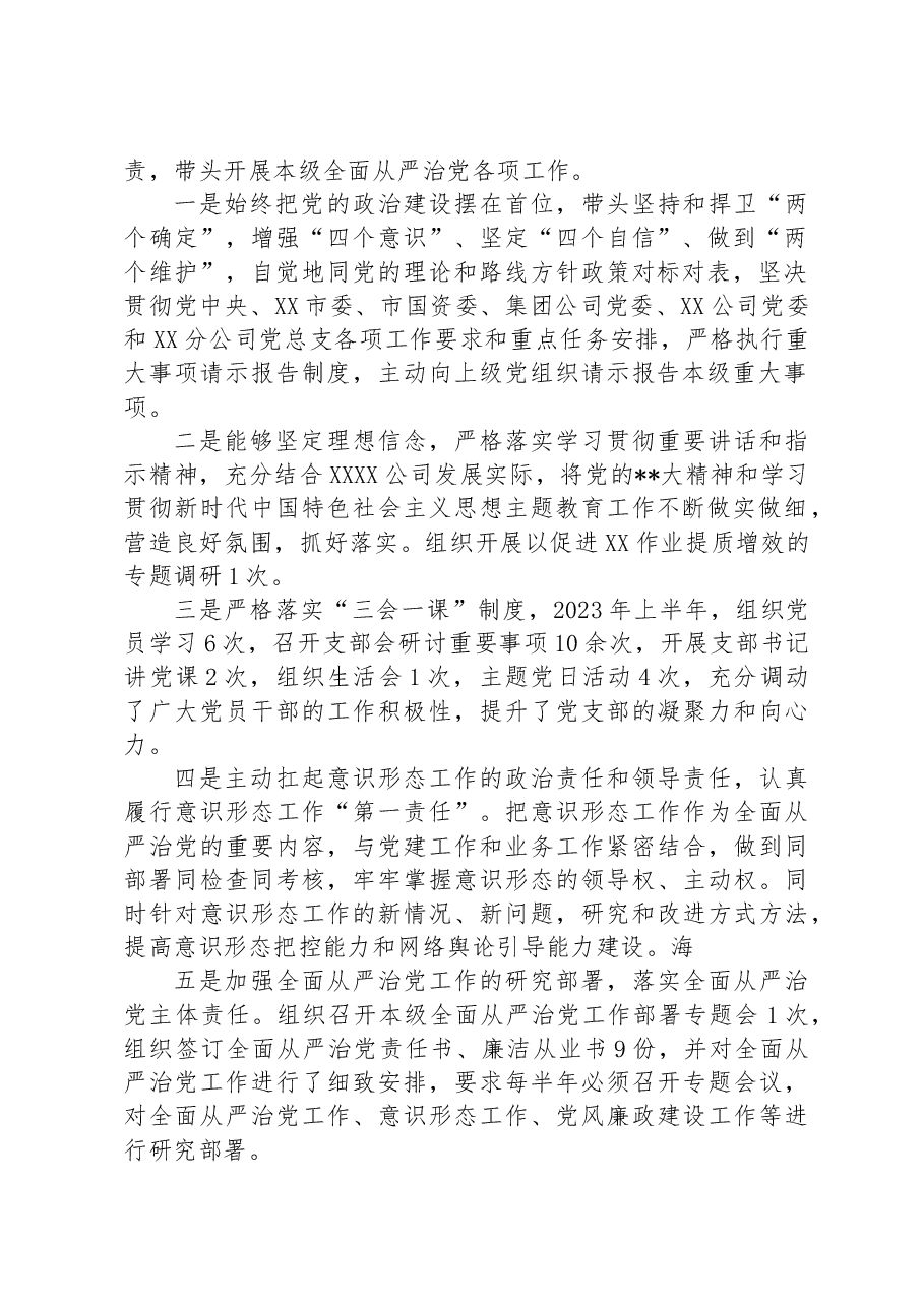 国企党支部2023年落实全面从严治党(党建)责任年中自查报告(含班子情况)_.docx,第2页预览