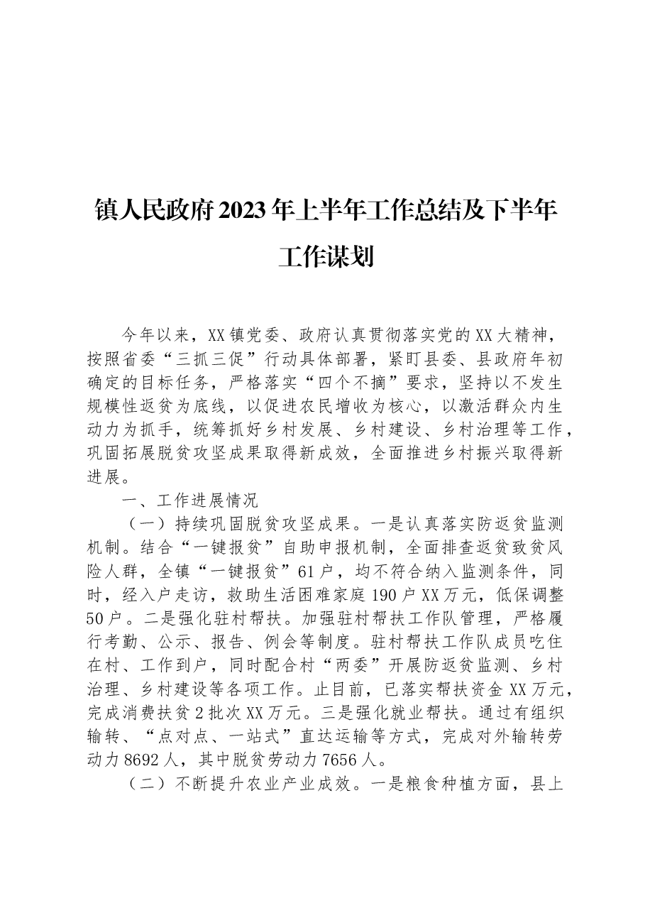 镇人民政府2023年上半年工作总结及下半年工作谋划.docx,第1页预览