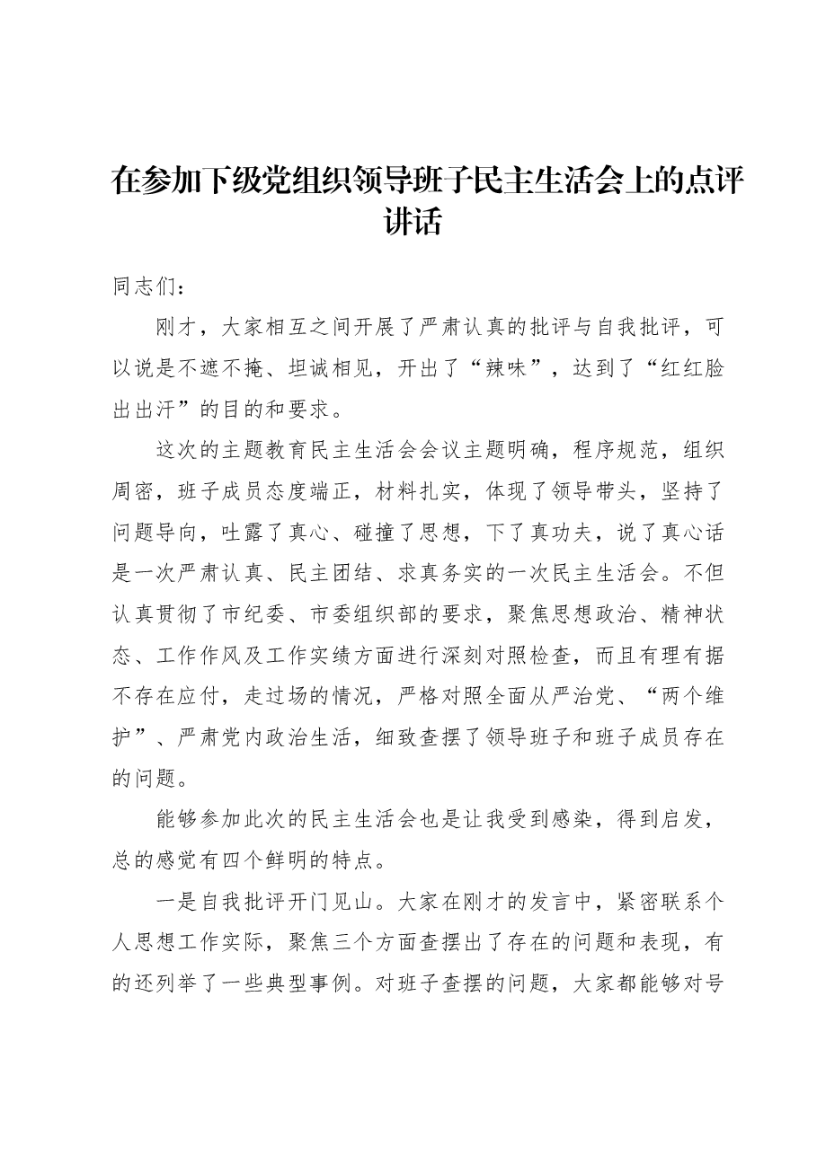 在参加下级党组织领导班子民主生活会上的点评讲话.docx,第1页预览