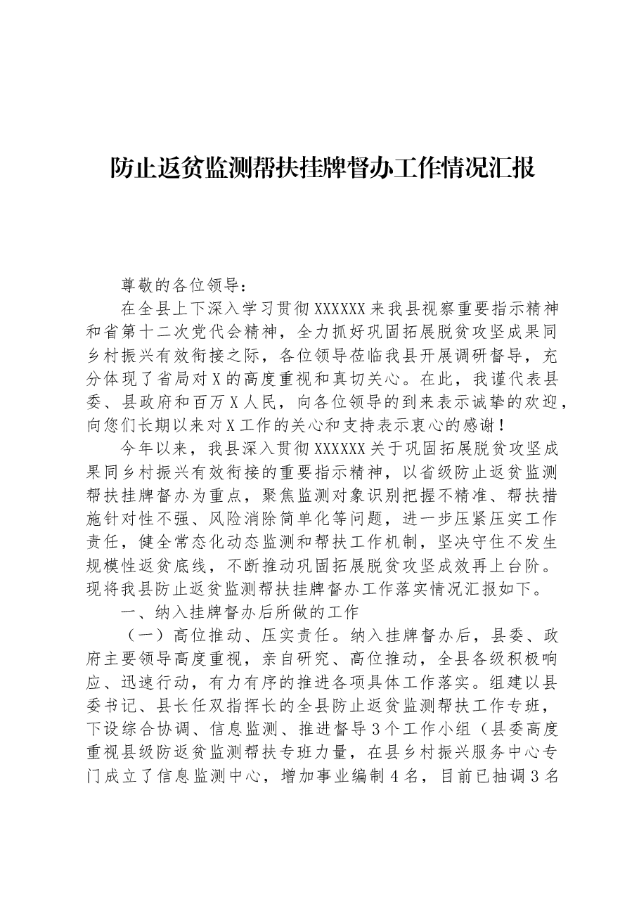 防止返贫监测帮扶挂牌督办工作情况汇报.docx,第1页预览
