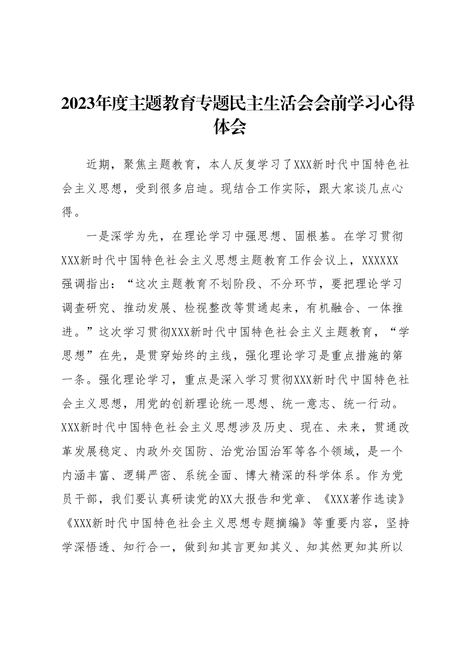2023年度主题教育专题民主生活会会前学习心得体会3.docx,第1页预览