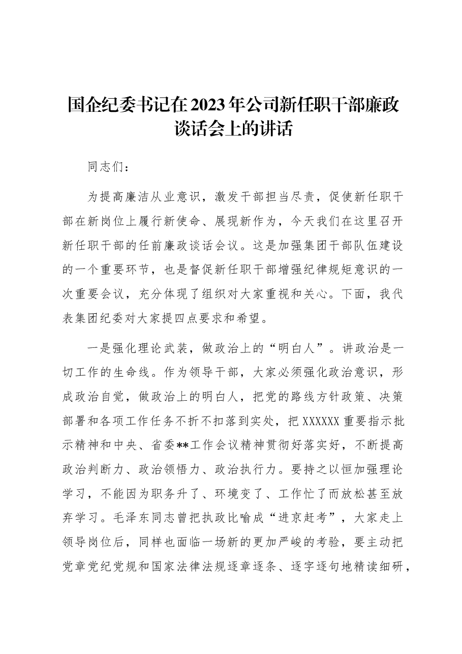 国企纪委书记在2023年公司新任职干部廉政谈话会上的讲话.docx,第1页预览