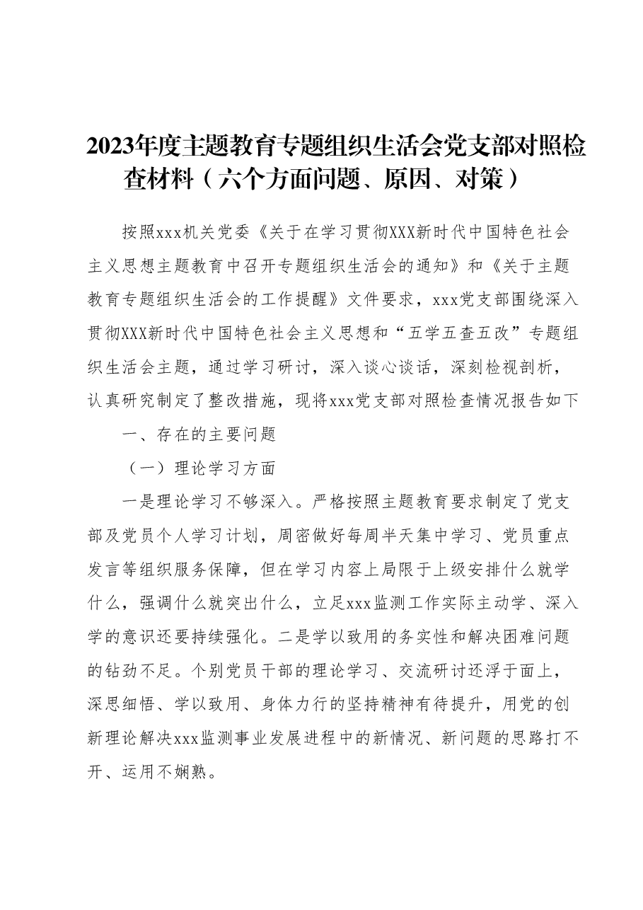 2023年度主题教育专题组织生活会党支部对照检查材料(六个方面问题、原因、对策).docx,第1页预览