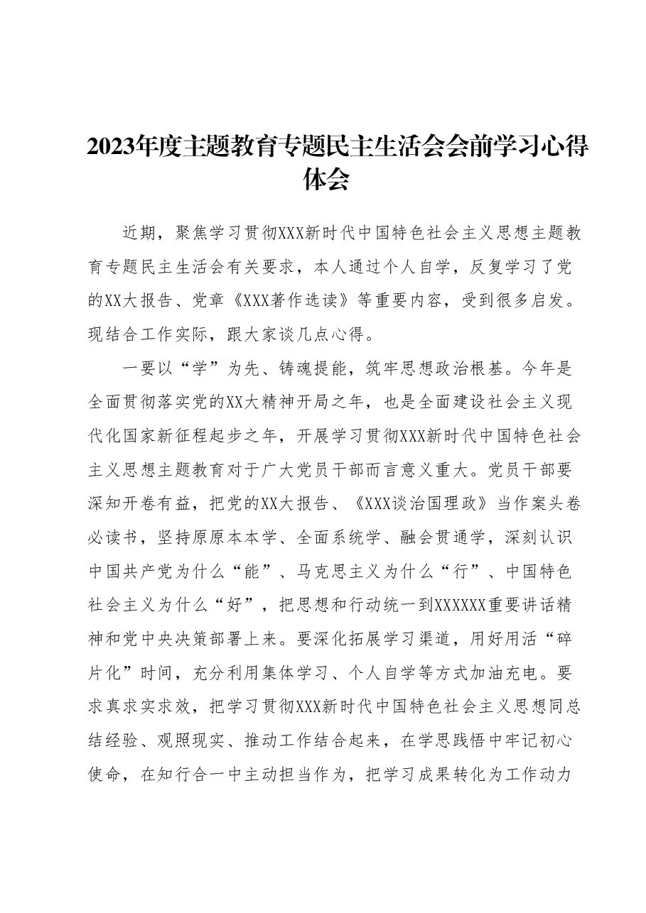 2023年度主题教育专题民主生活会会前学习心得体会 (3).docx,第1页预览