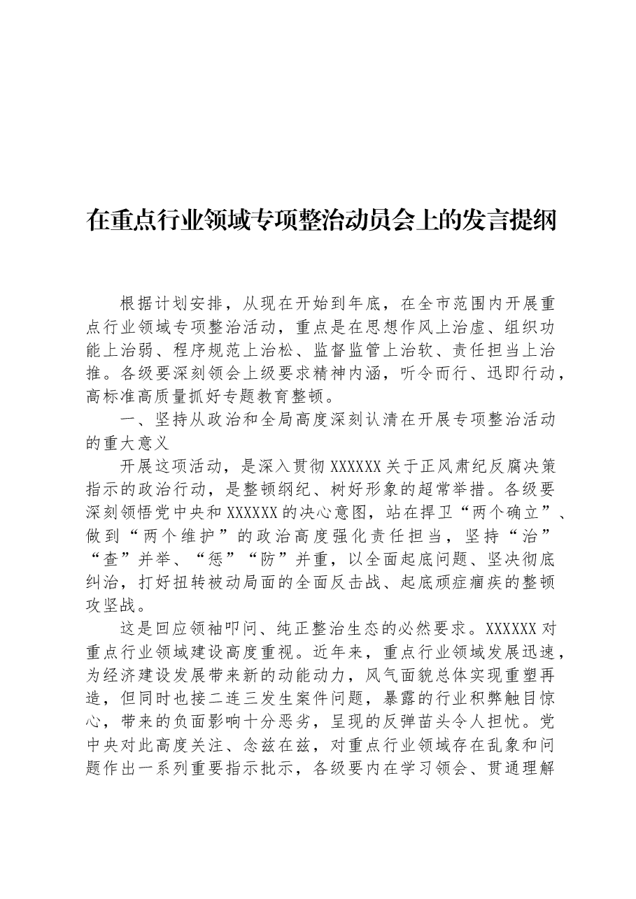 在重点行业领域专项整治动员会上的发言提纲.docx,第1页预览