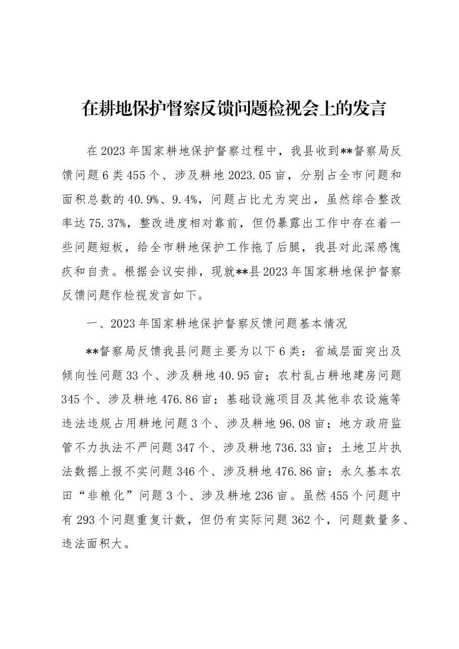 在耕地保护督察反馈问题检视会上的发言.docx,第1页预览