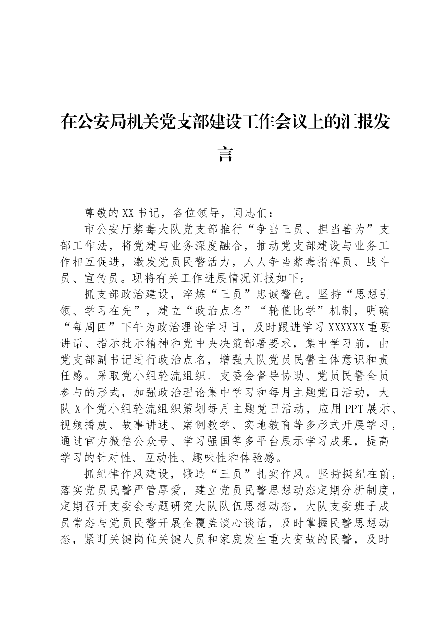 在公安局机关党支部建设工作会议上的汇报发言.docx,第1页预览
