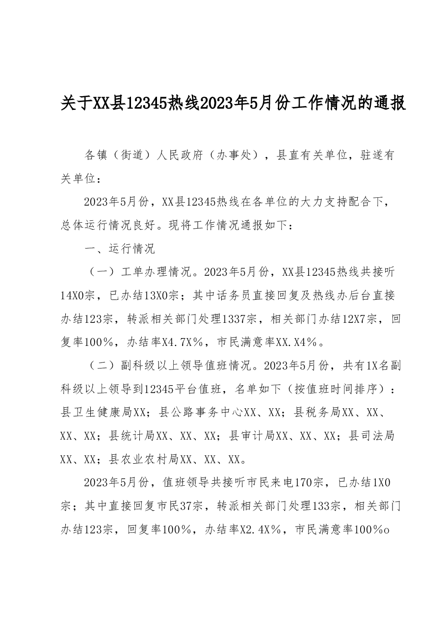 关于XX县12345热线2023年5月份工作情况的通报.docx,第1页预览