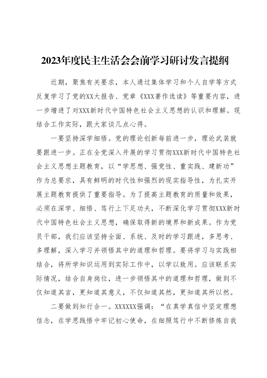 2023年度民主生活会会前学习研讨发言提纲1.docx，第1页预览