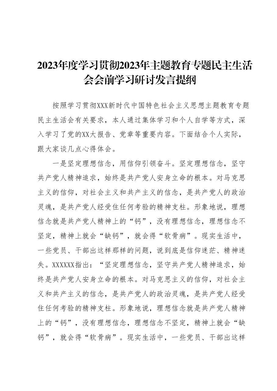 2023年度学习贯彻2023年主题教育专题民主生活会会前学习研讨发言提纲.docx,第1页预览
