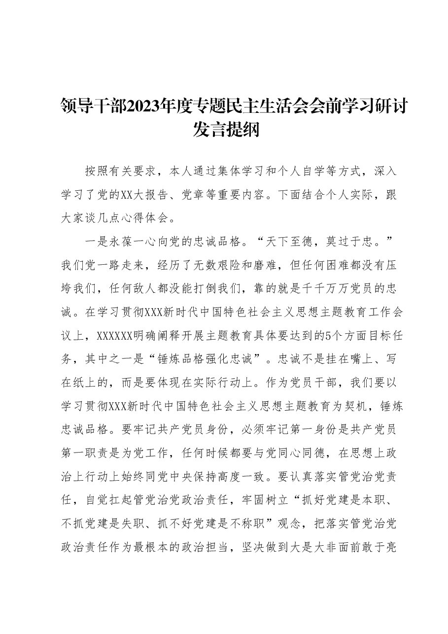 领导干部2023年度专题民主生活会会前学习研讨发言提纲 (2).docx，第1页预览