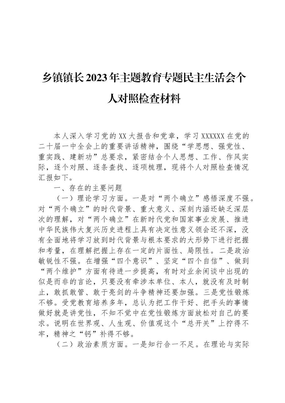 乡镇镇长2023年主题教育专题民主生活会个人对照检查材料.docx，第1页预览