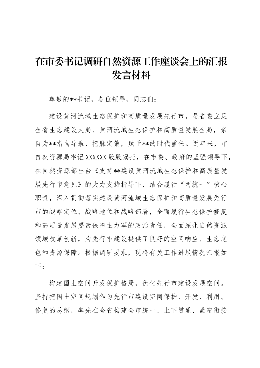 在市委书记调研自然资源工作座谈会上的汇报发言材料.docx,第1页预览