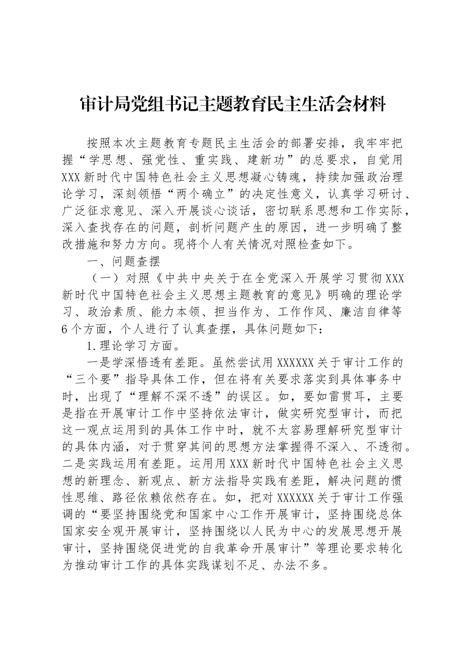 审计局党组书记主题教育民主生活会材料.docx,第1页预览
