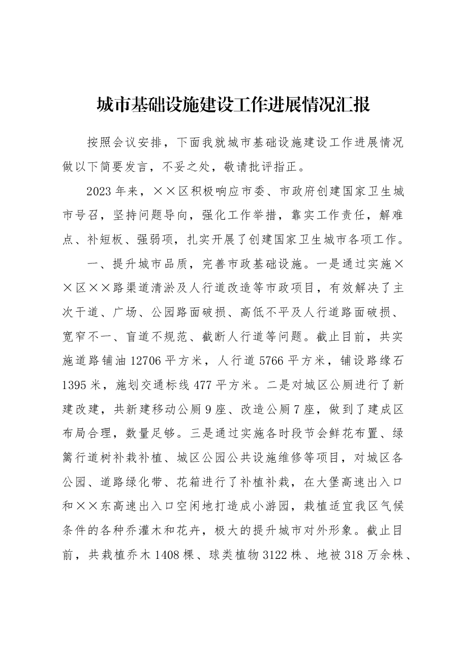 城市基础设施建设工作进展情况汇报.docx,第1页预览