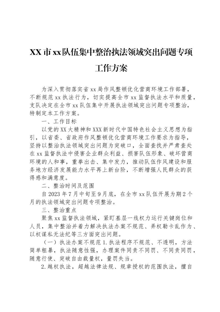 XX市xx队伍集中整治执法领域突出问题专项工作方案.docx,第1页预览