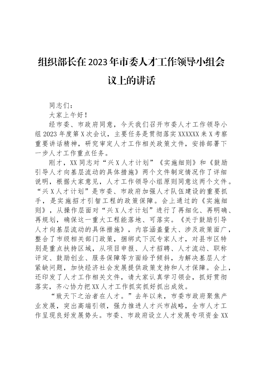 组织部长在2023年市委人才工作领导小组会议上的讲话.docx,第1页预览