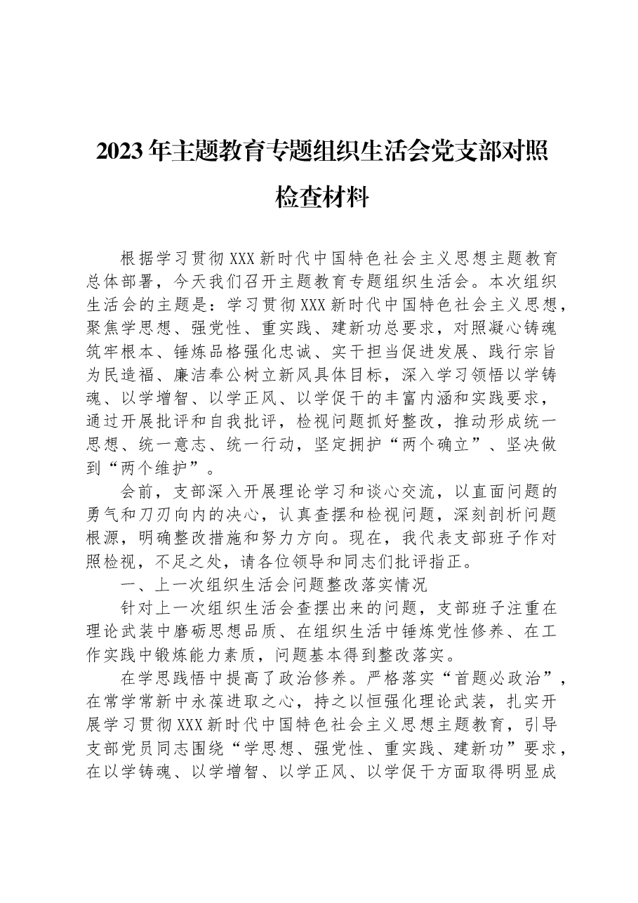 2023年主题教育专题组织生活会党支部对照检查材料.docx,第1页预览