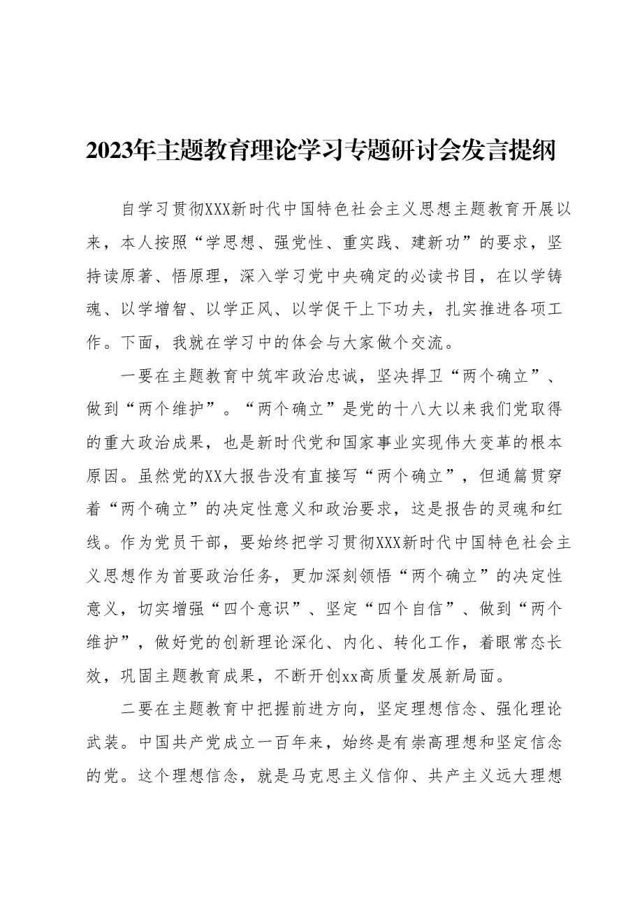2023年主题教育理论学习专题研讨会发言提纲2.docx，第1页预览