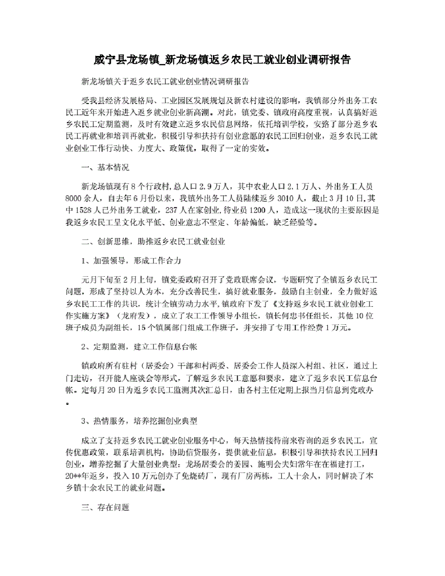 威宁县龙场镇_新龙场镇返乡农民工就业创业调研报告.pdf,第1页预览