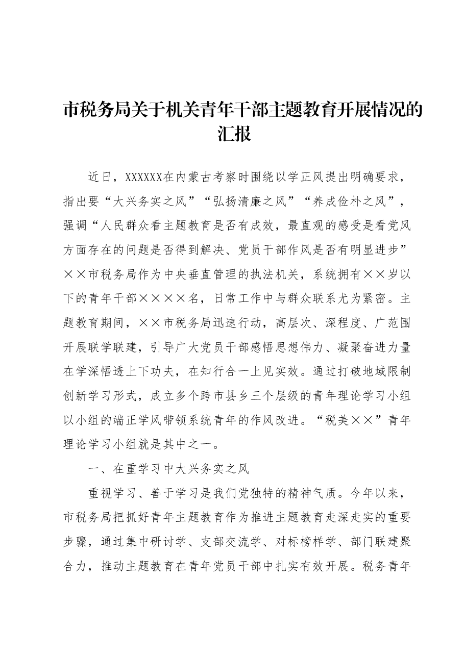 市税务局关于机关青年干部主题教育开展情况的汇报.docx,第1页预览