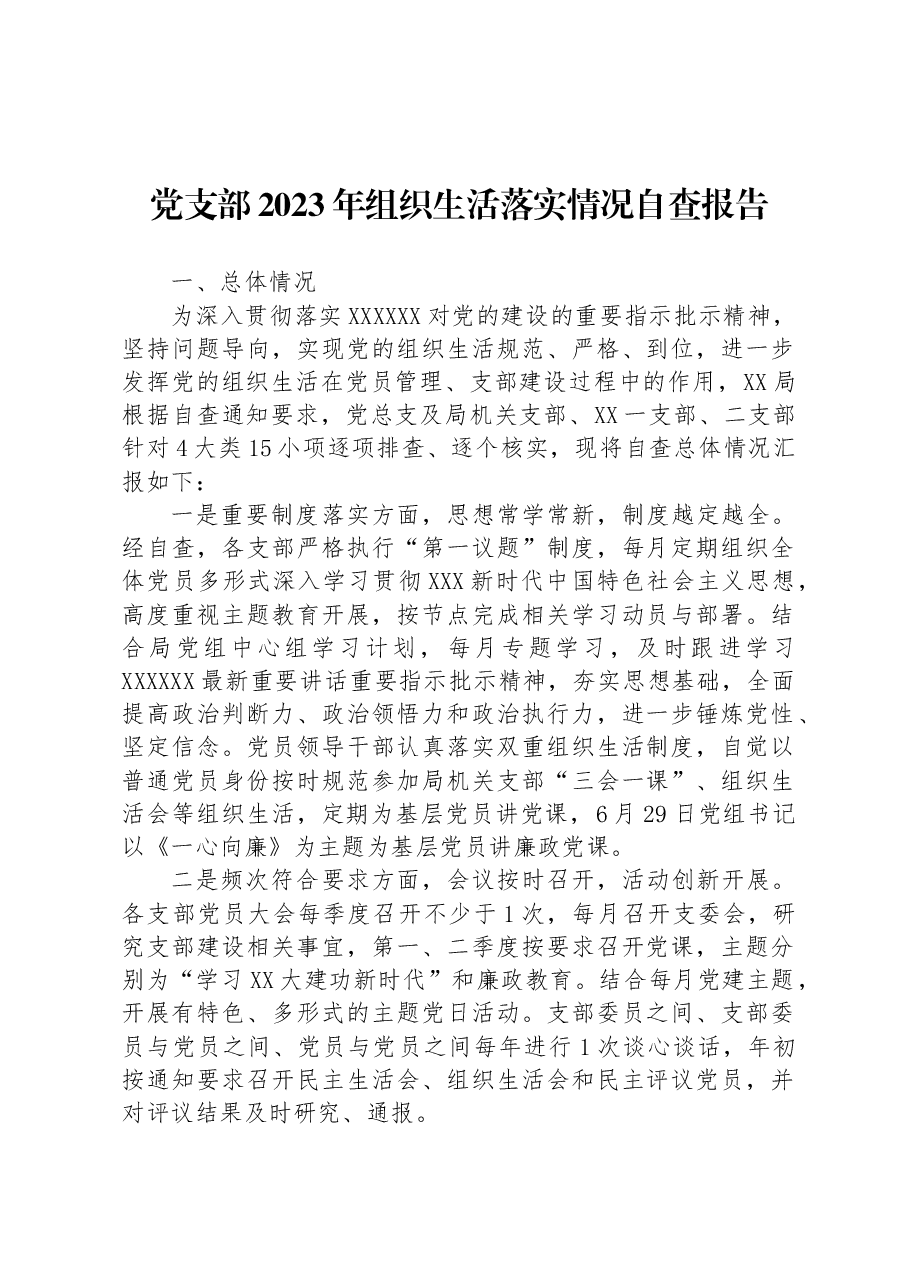 党支部2023年组织生活落实情况自查报告.docx,第1页预览