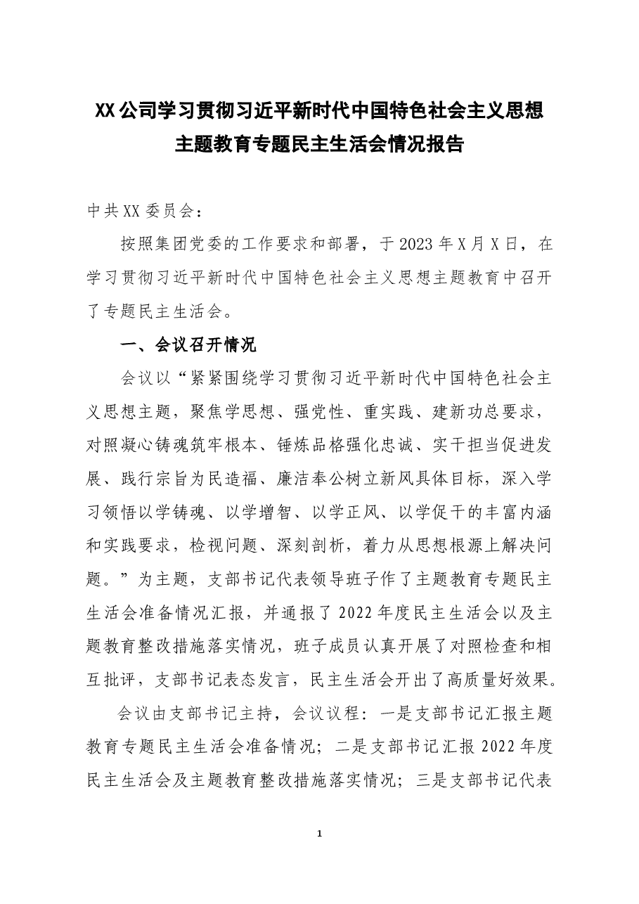 主题教育专题民主生活会情况报告.docx,第1页预览