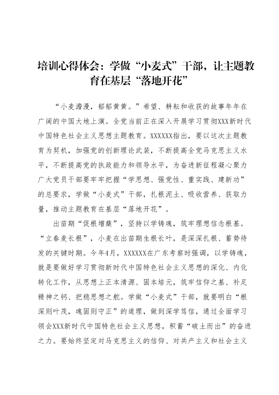 培训心得体会:学做“小麦式”干部,让主题教育在基层“落地开花”.docx,第1页预览