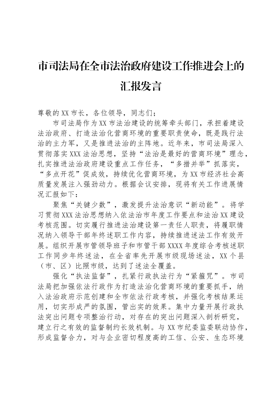 市司法局在全市法治政府建设工作推进会上的汇报发言.docx,第1页预览