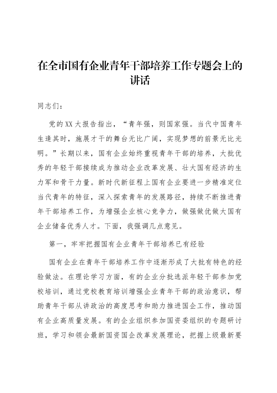 在全市国有企业青年干部培养工作专题会上的讲话.docx,第1页预览