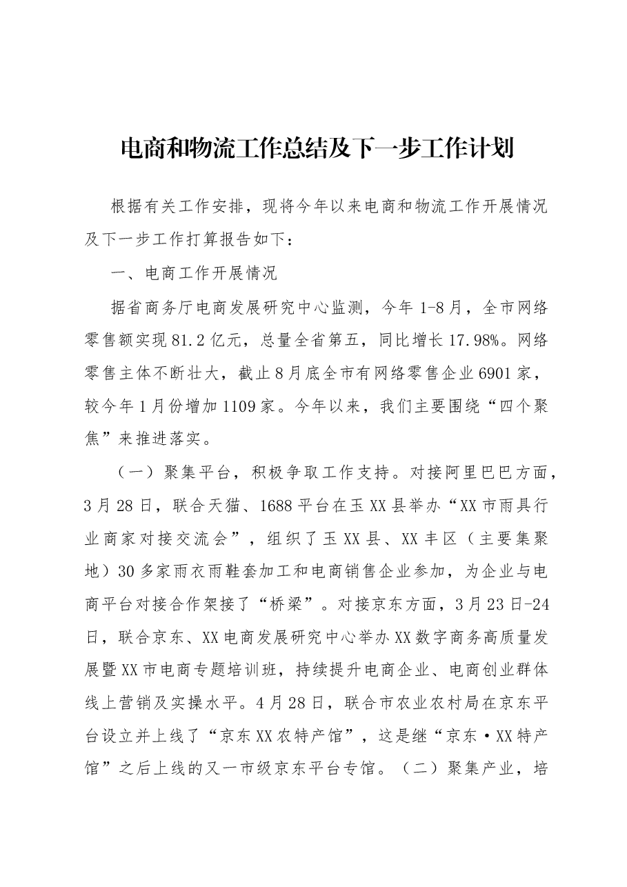 电商和物流工作总结及下一步工作计划.docx，第1页预览