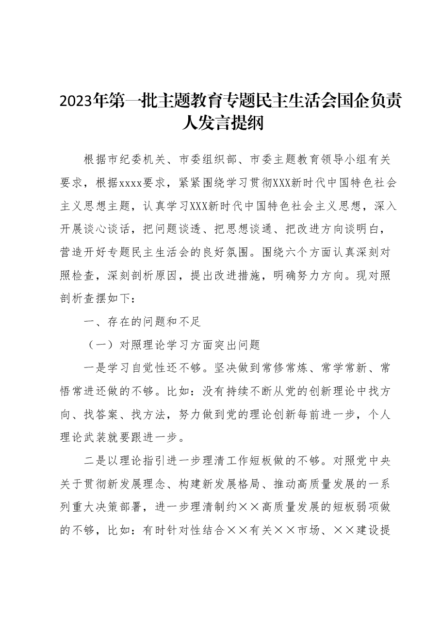 2023年第一批主题教育专题民主生活会 国企负责人发言提纲.docx,第1页预览