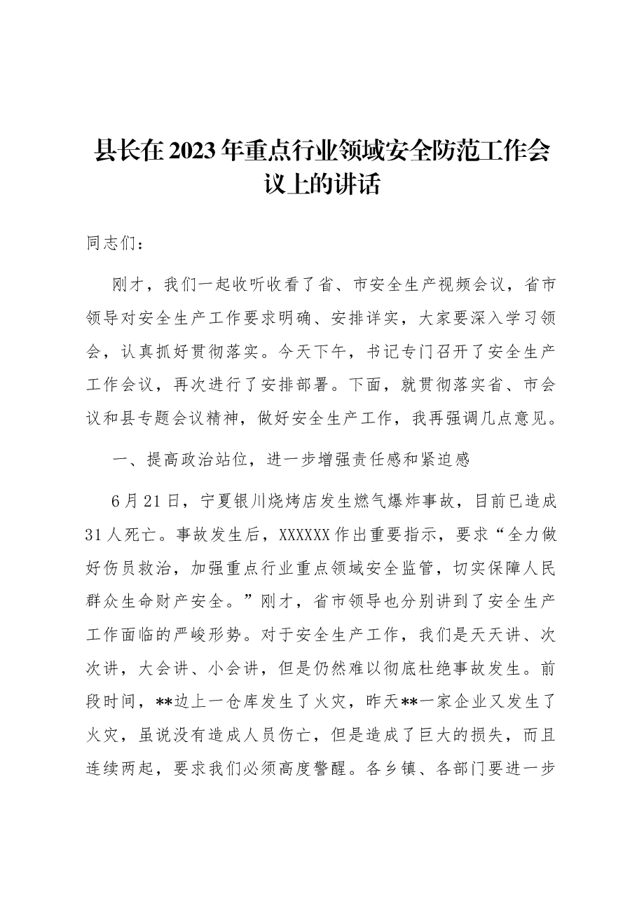 县长在2023年重点行业领域安全防范工作会议上的讲话.docx,第1页预览