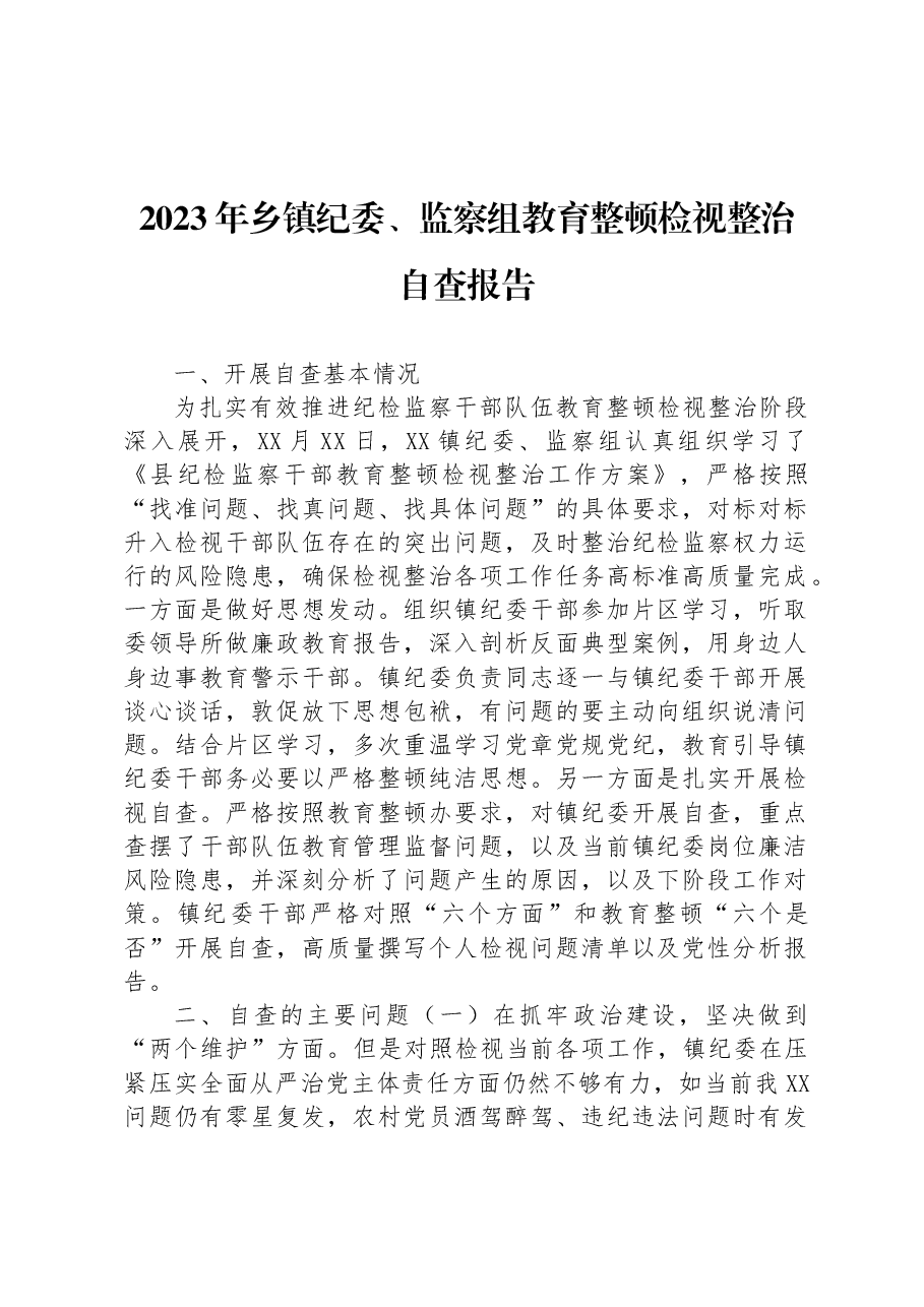 2023年乡镇纪委、监察组教育整顿检视整治自查报告.docx,第1页预览
