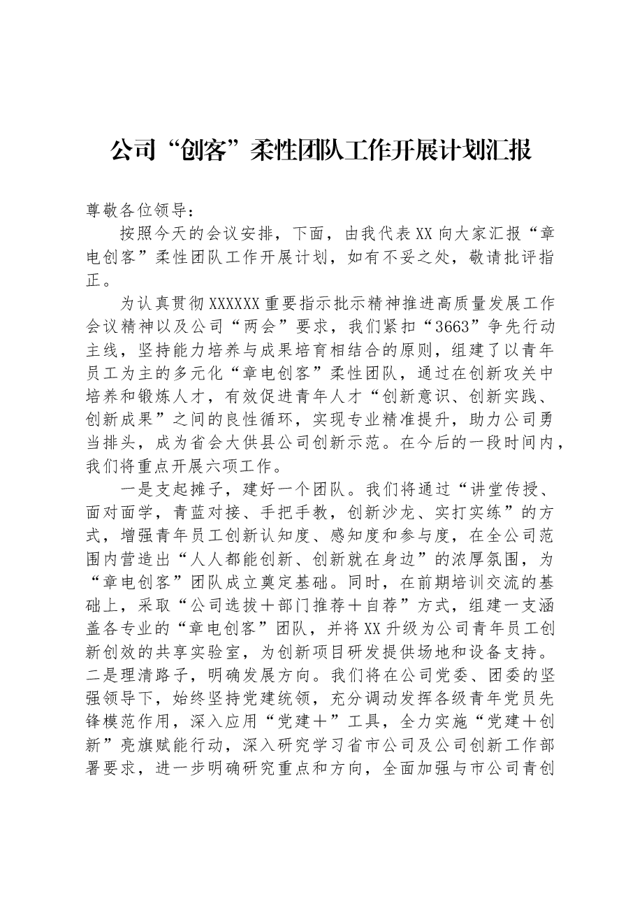 公司“创客”柔性团队工作开展计划汇报.docx,第1页预览