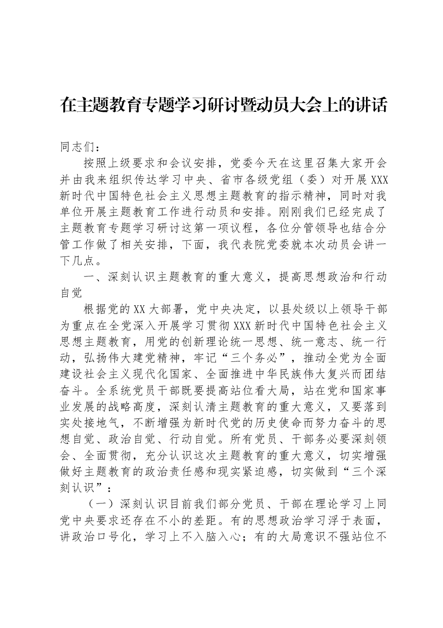 在主题教育专题学习研讨暨动员大会上的讲话.docx,第1页预览